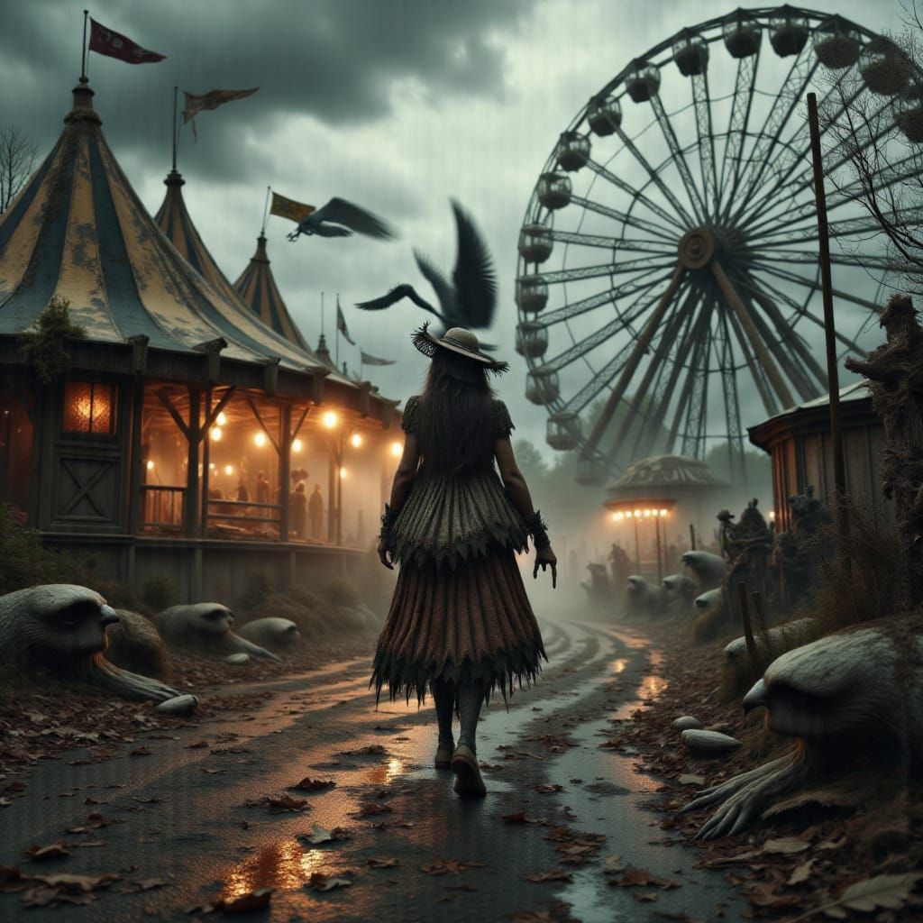 Eerie Woman Walks Through Abandoned Gothic Carnival