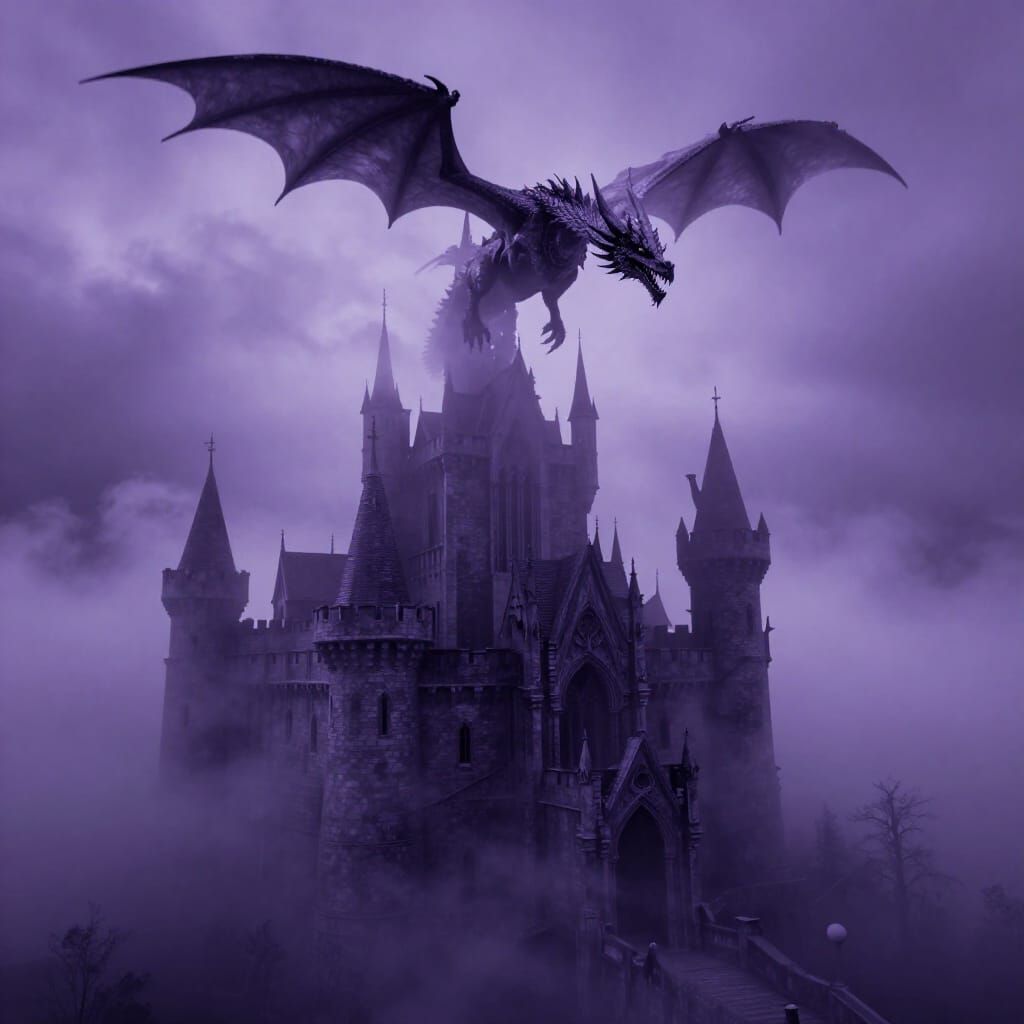 Dark Fantasy Castle in Mist with Dragon, Moody Masterpiece