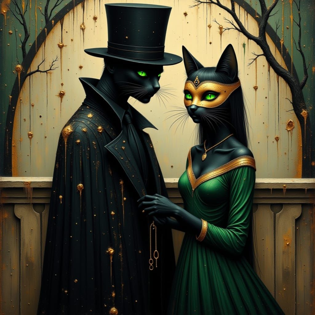 Elegant Masquerade Cats on Balcony