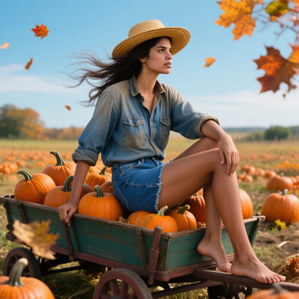Autumn Woman in Pumpkin Wagon, Photorealistic