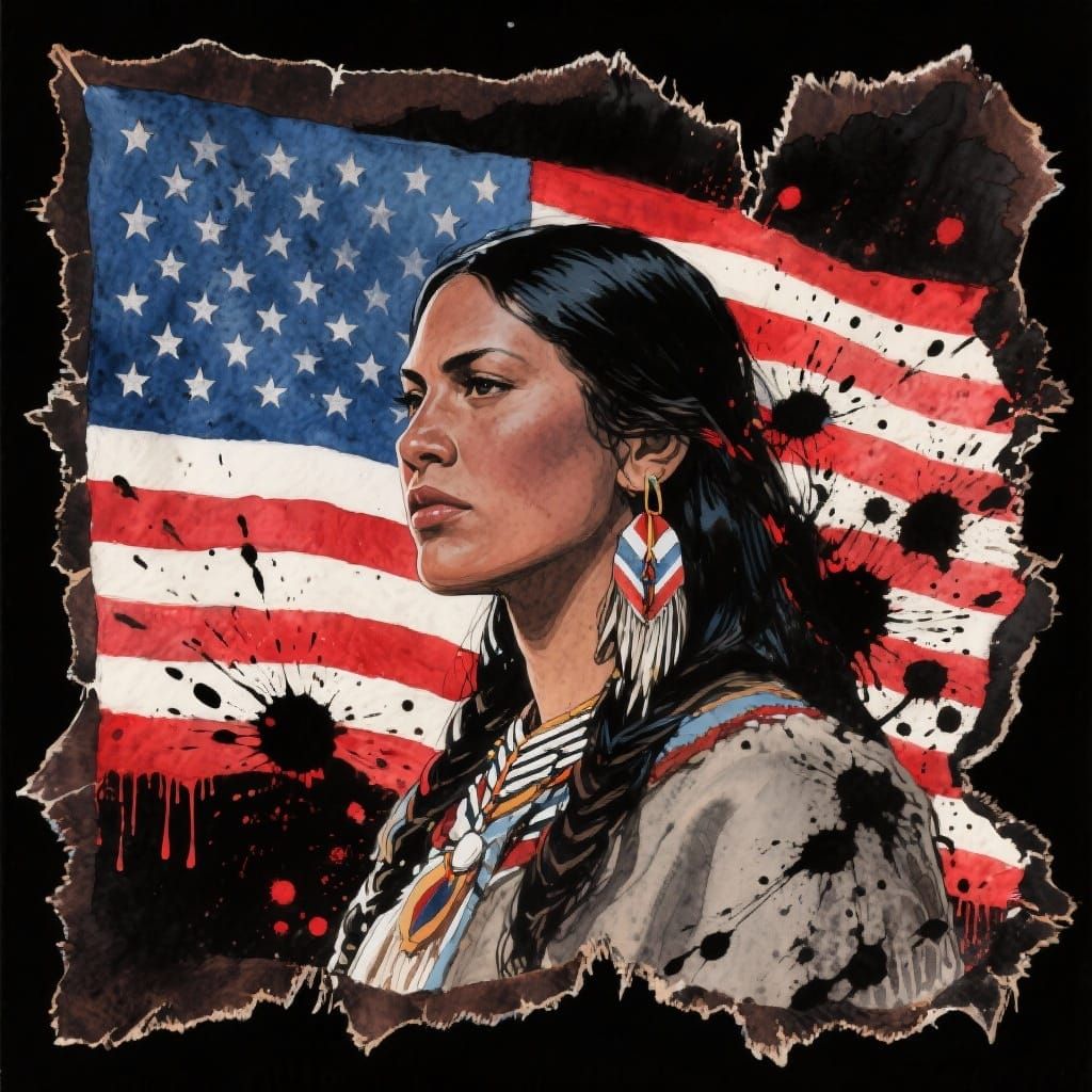 Native American Woman with US Flag Double Exposure