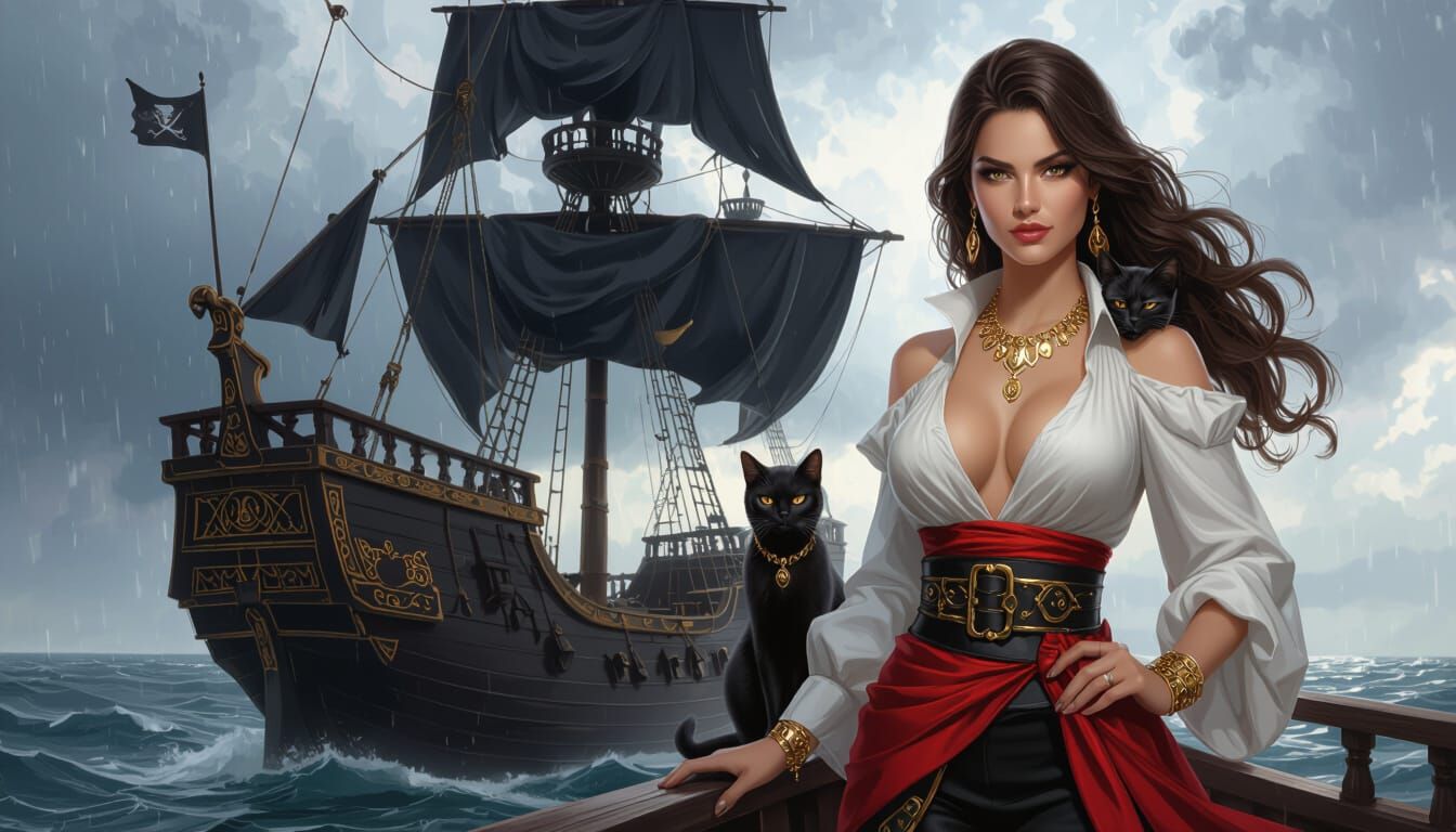Pirate Captain and Ship in Stormy Skies