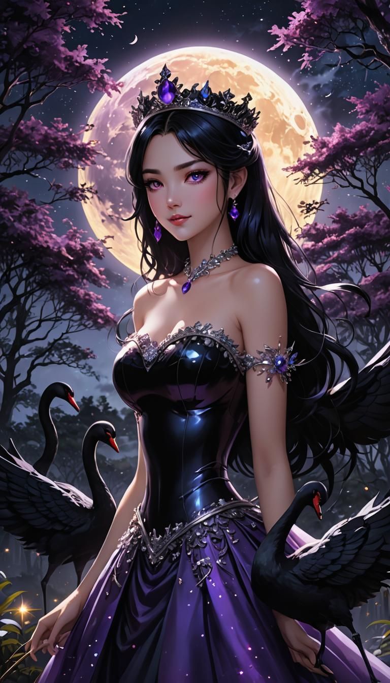 Anime Princess in Dark Forest with Black Swans