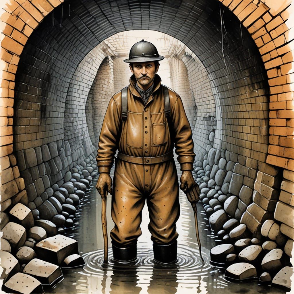 Man in Victorian Sewer Tunnel, Exaggerated Illustration