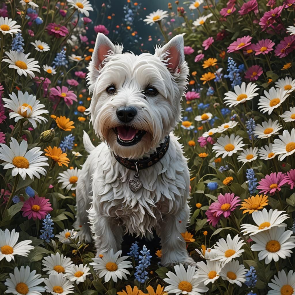 Westie Dog in Flowers: Detailed Fantasy Art