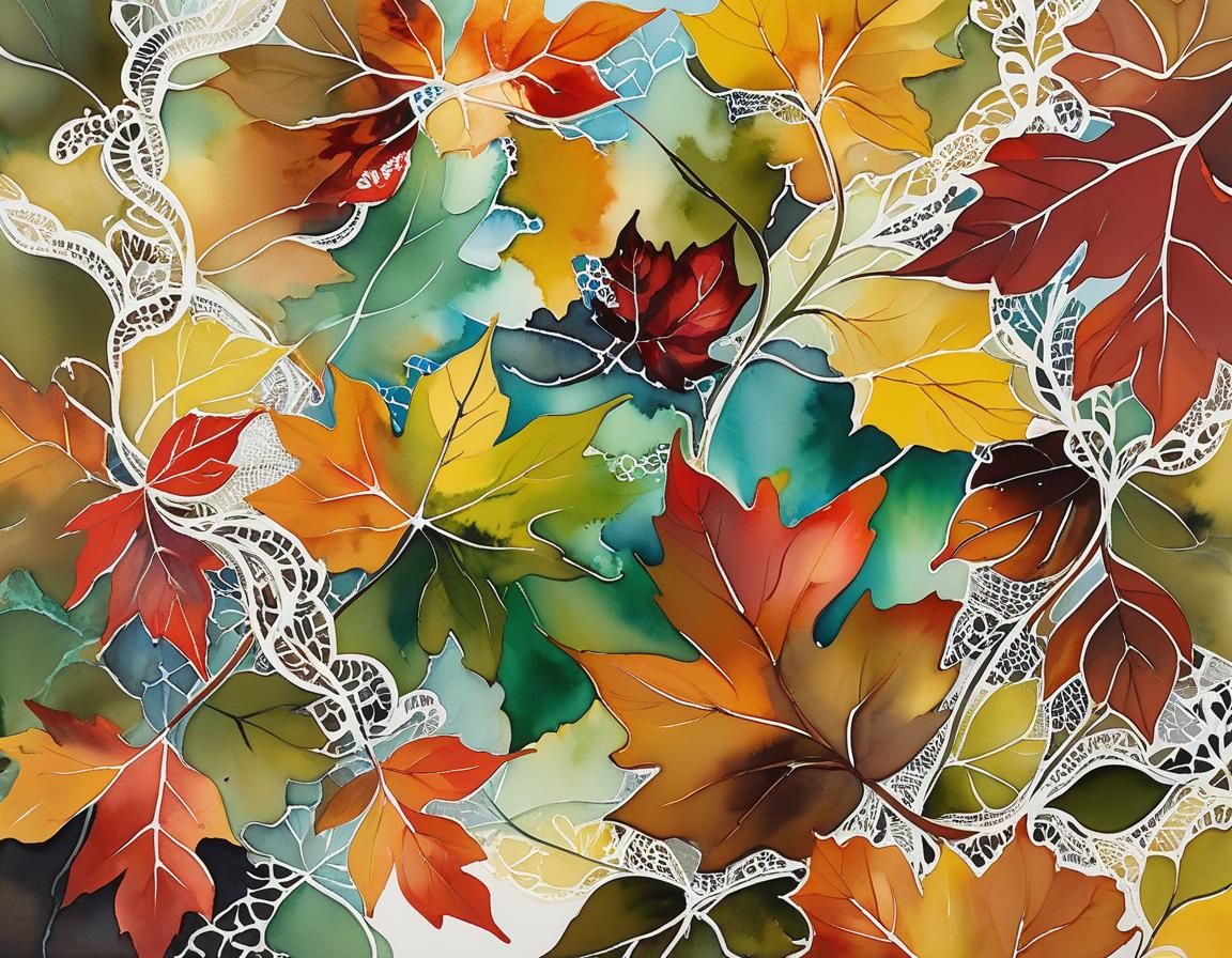 Abstract Watercolor Autumn Foliage with Lace Details