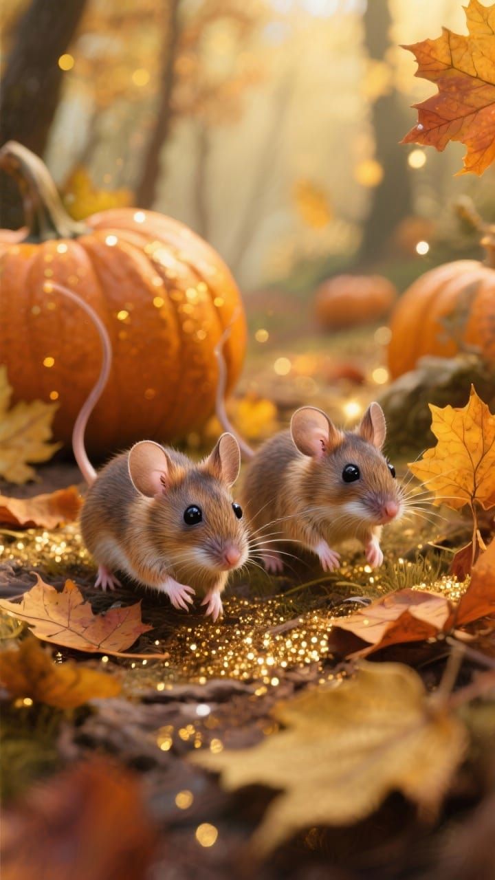 Magical Autumn Mice in Sparkling Pumpkin Patch