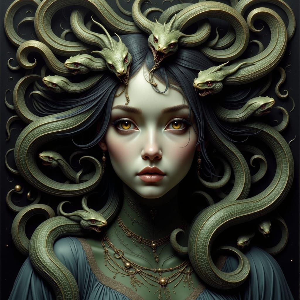 Medusa's Regal Beauty and Terror in Ancient Greek Style