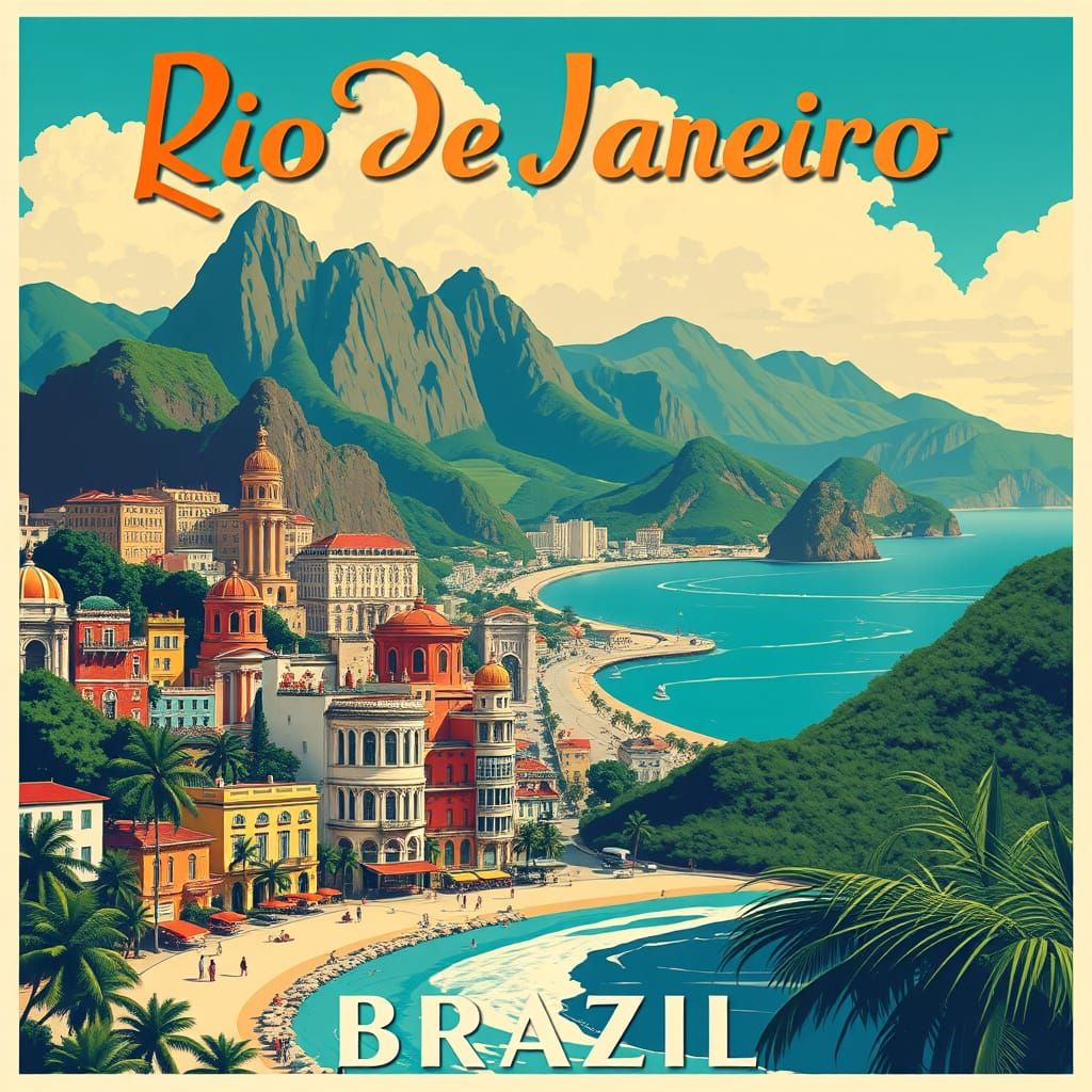 Rio De Janeiro Brazil in Vintage Travel Poster Style