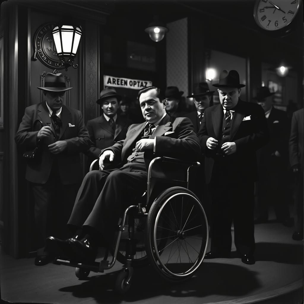 A Gritty Prohibition-Era Gangster in a Wheelchair, Surrounde...