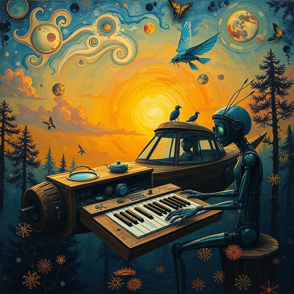 Surreal Spaceship Sails through Sunset Galaxy with Glass For...