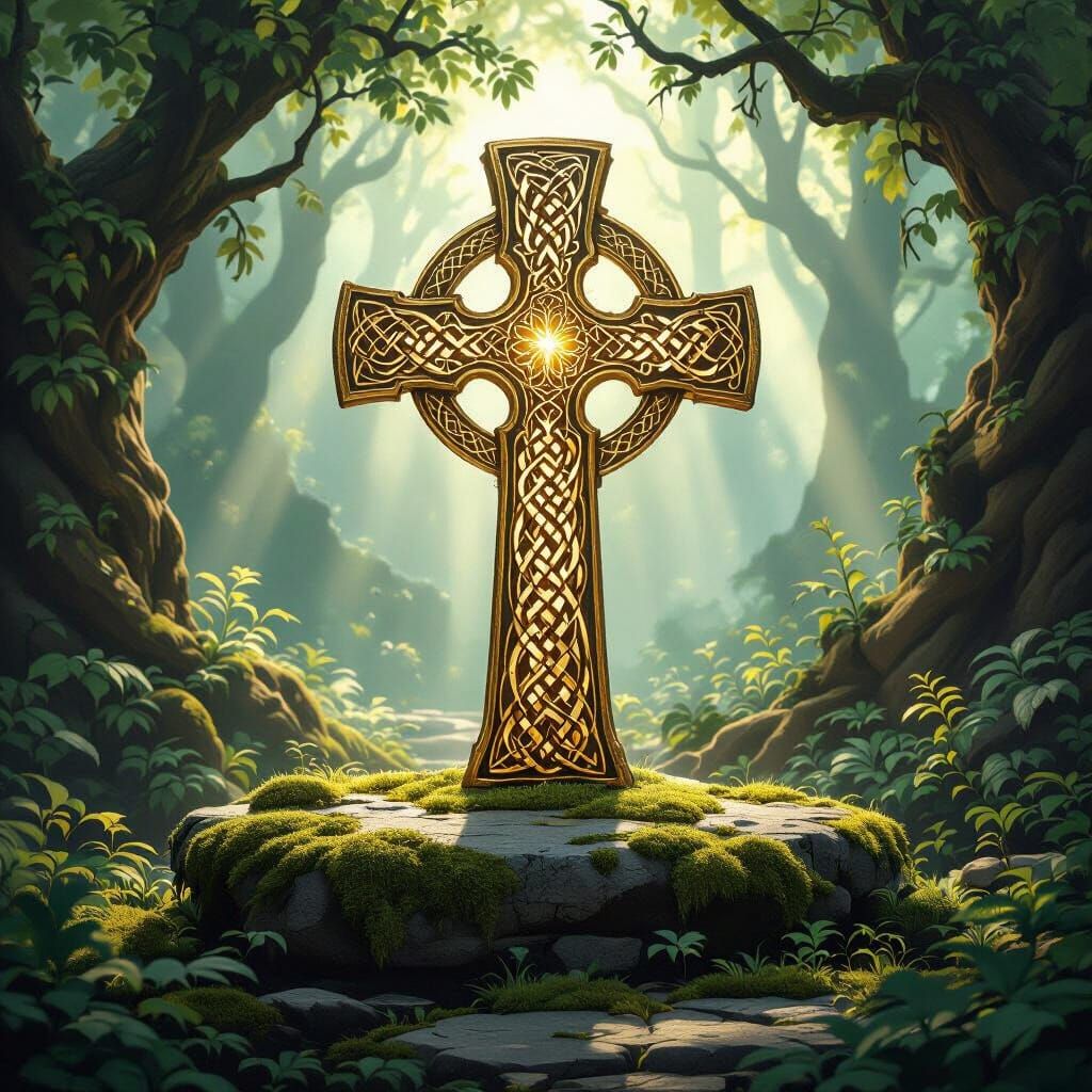 Ancient Celtic Gold Cross in Mystical Forest