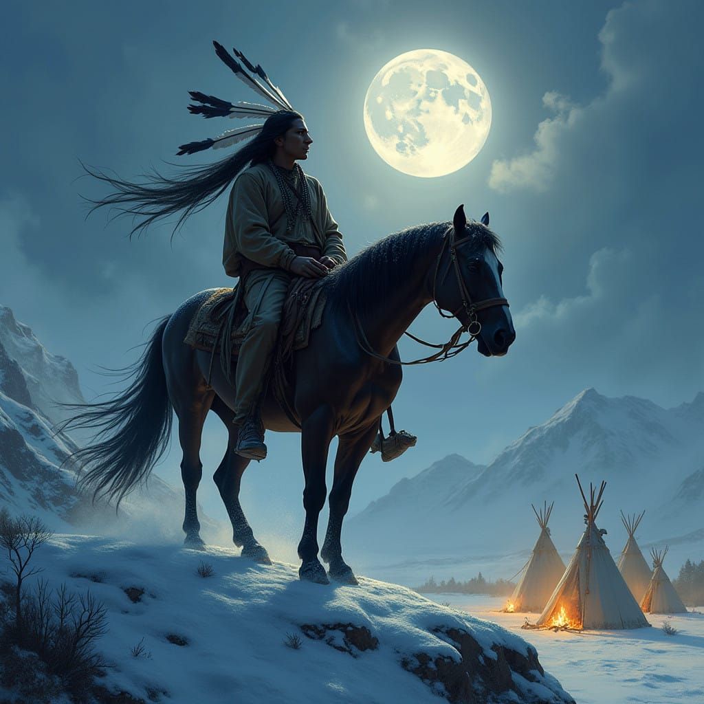 Majestic Indian Brave in Dark Silhouette against Full Moon