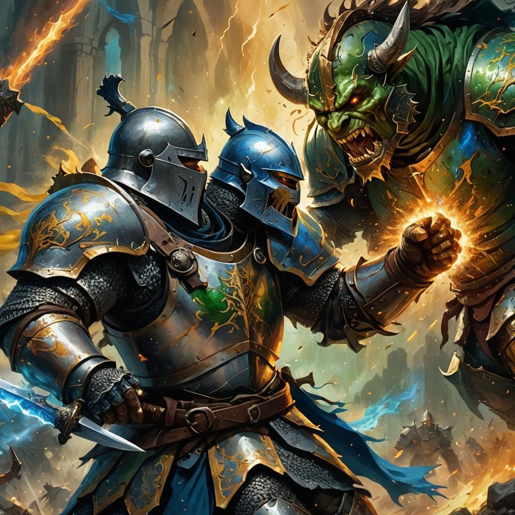 Knight and Orc in Epic Fantasy Battle