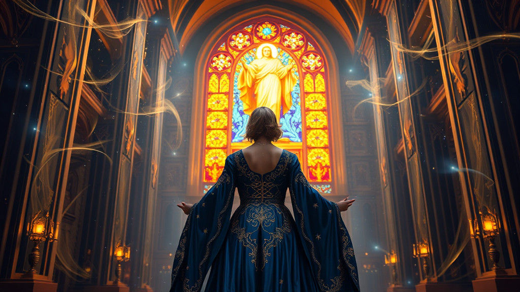 Regal Woman Surrounded by Ethereal Light and Glowing Stained...