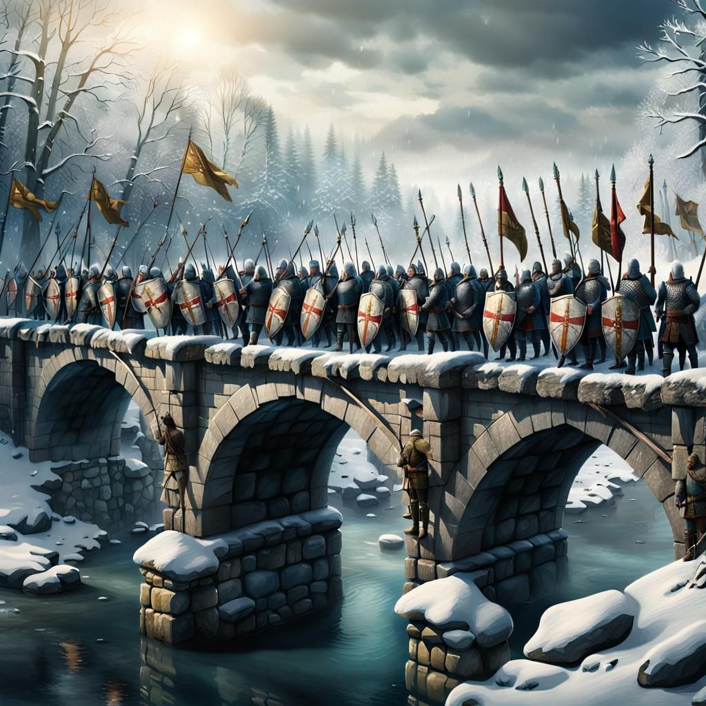 Medieval Army Defends Bridge in Snowy Woods