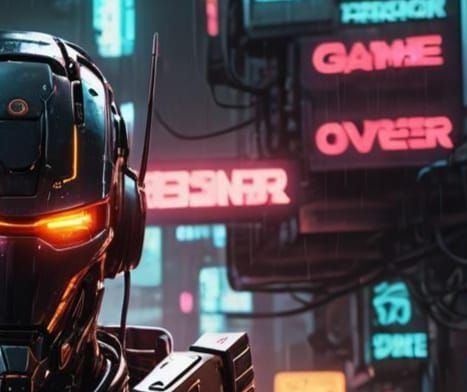 Robot Points Gun with 'GAME OVER' Text in Cyberpunk Style