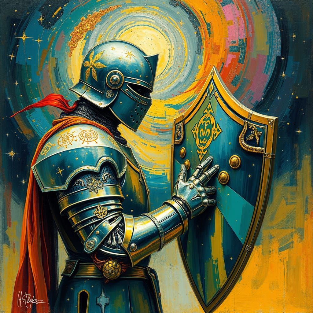 Knight's Introspection Amidst Cosmic Stardust