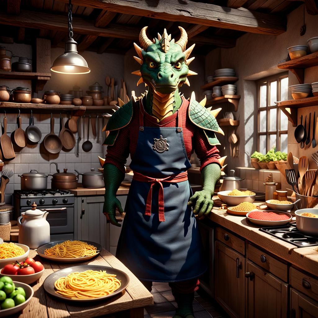 Human Dragon Chef in Kitchen, Fantasy Concept Art