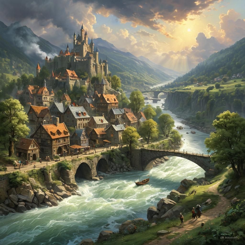 Fantasy Village with Castle in Ethereal Oil Painting
