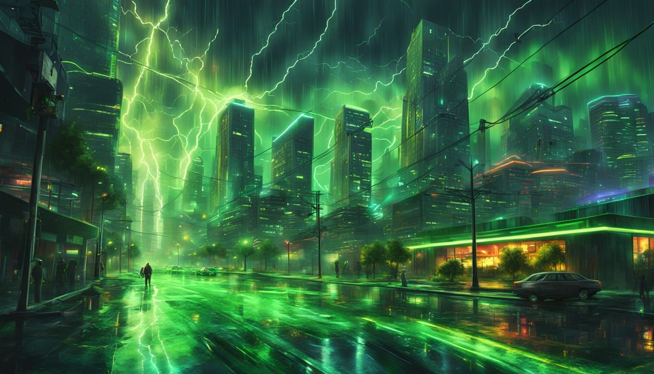 Electricity Storm Through Futuristic Green City in Oil Paint...