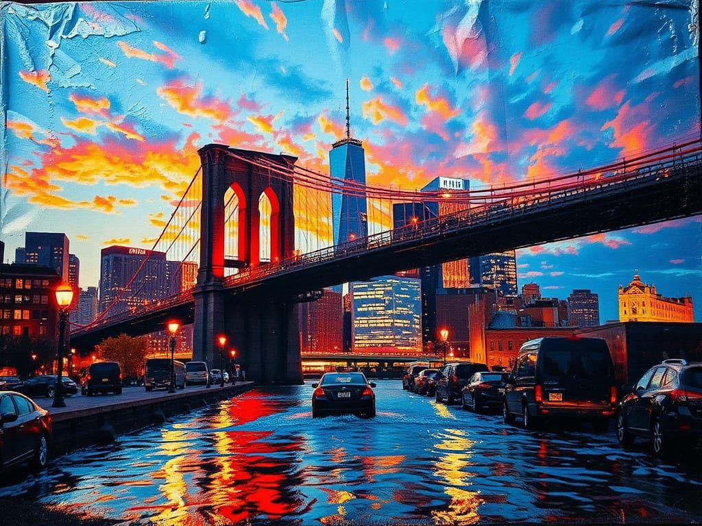 Cyberpunk Brooklyn Bridge Dazzles in Steampunk Twilight