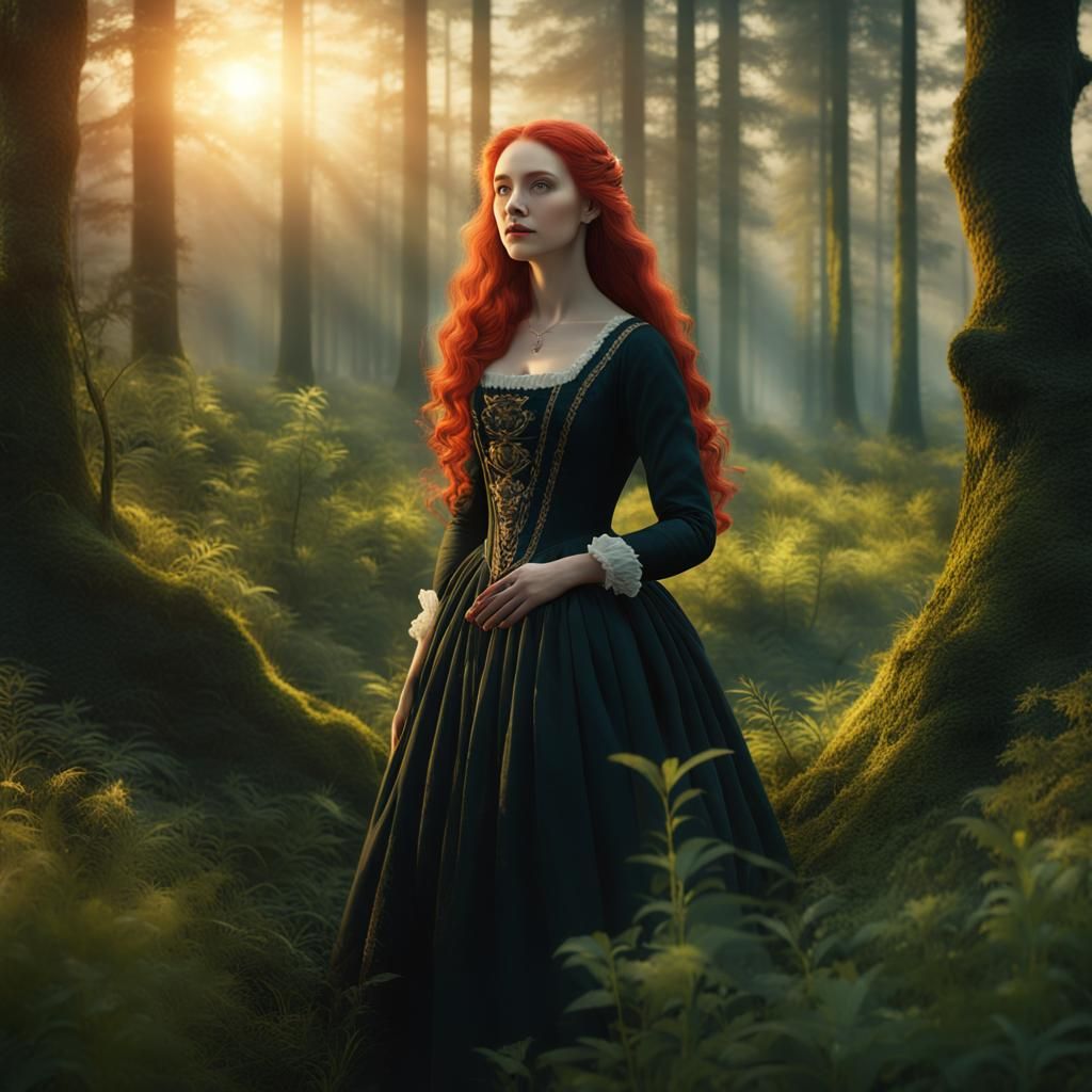 Spring Forest Sunrise with Woman in 18th Century Dress