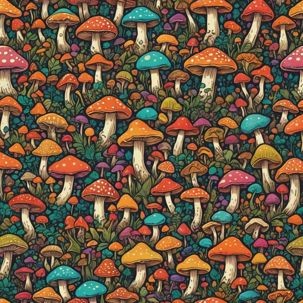 Psychedelic Mushroom Dreamscape with Young Man