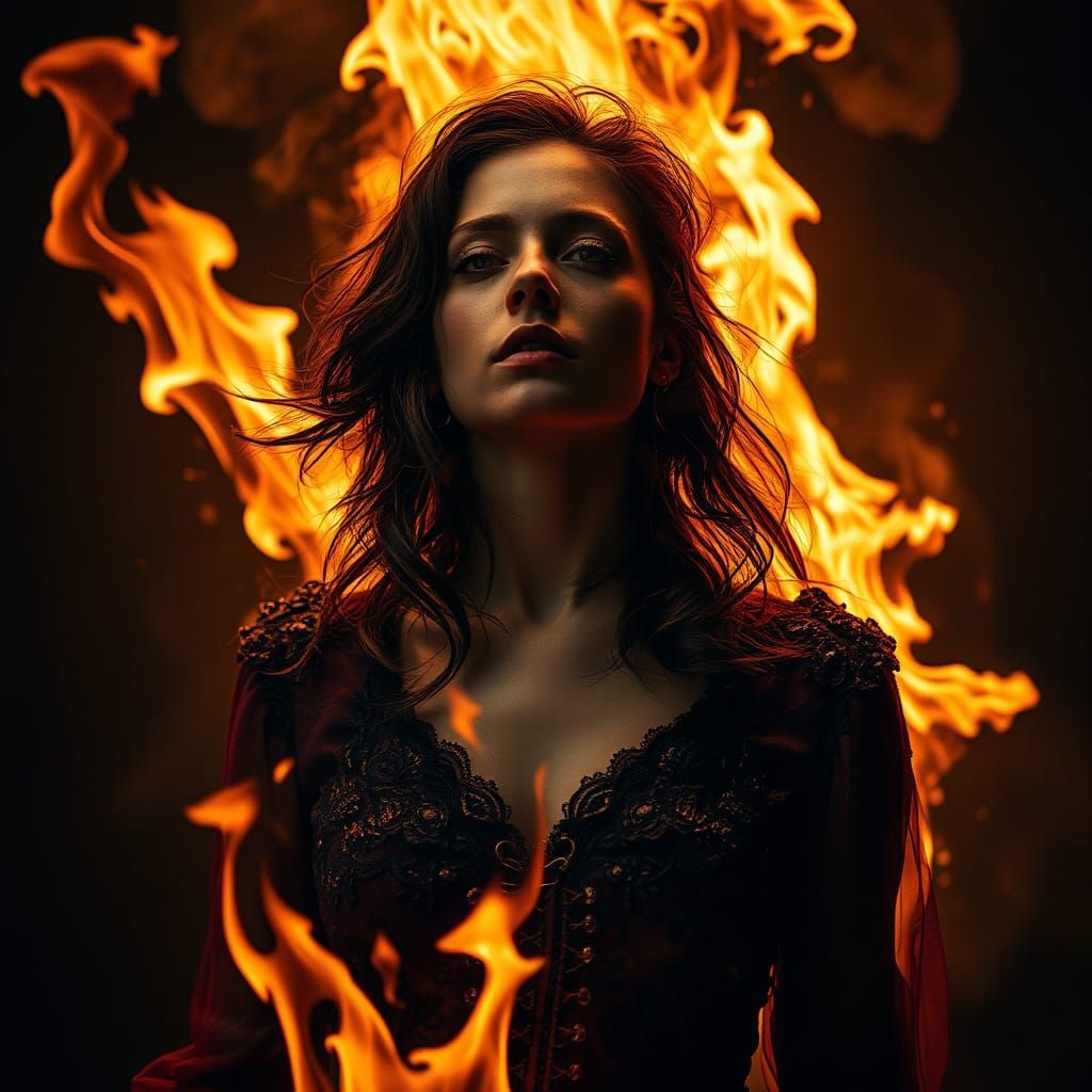 Woman Engulfed in Flames: Hyperrealistic Cinematic Image