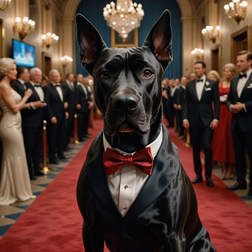 A blue great Dane standing upright in a black tuxedo walking the red carpet as President of the United States