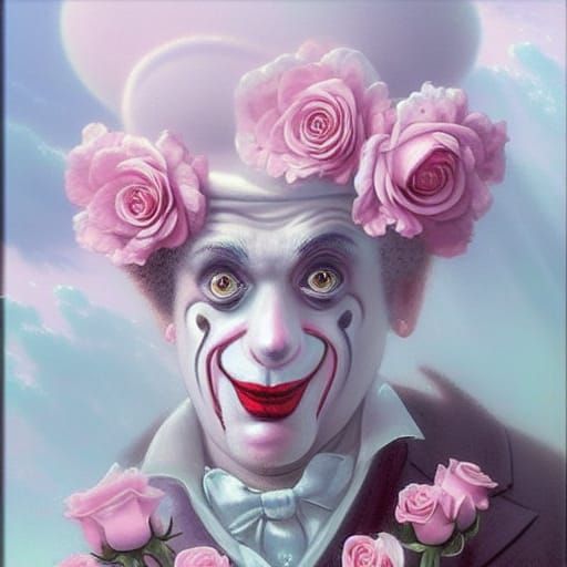 Sad Clown Portrait with Pink Roses