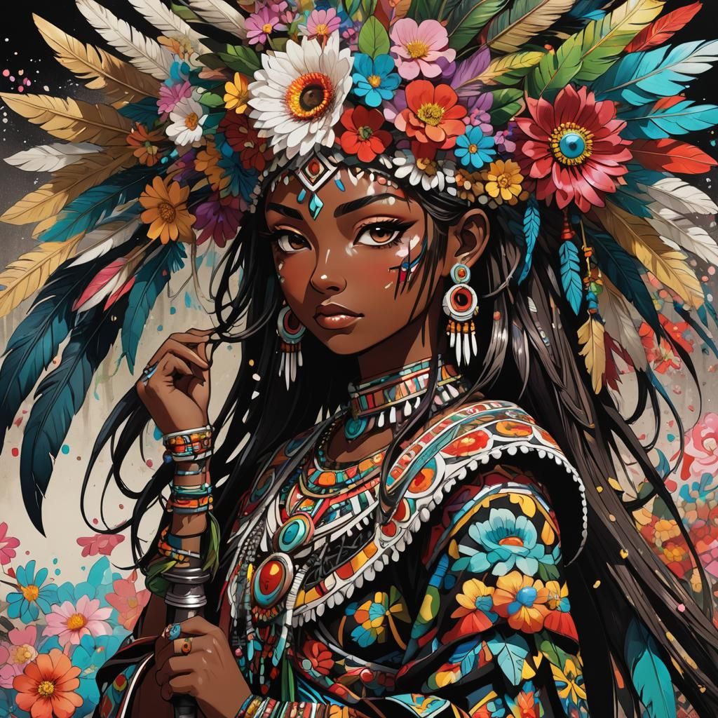 Aztec Girl in Neotraditional Anime Splash Art