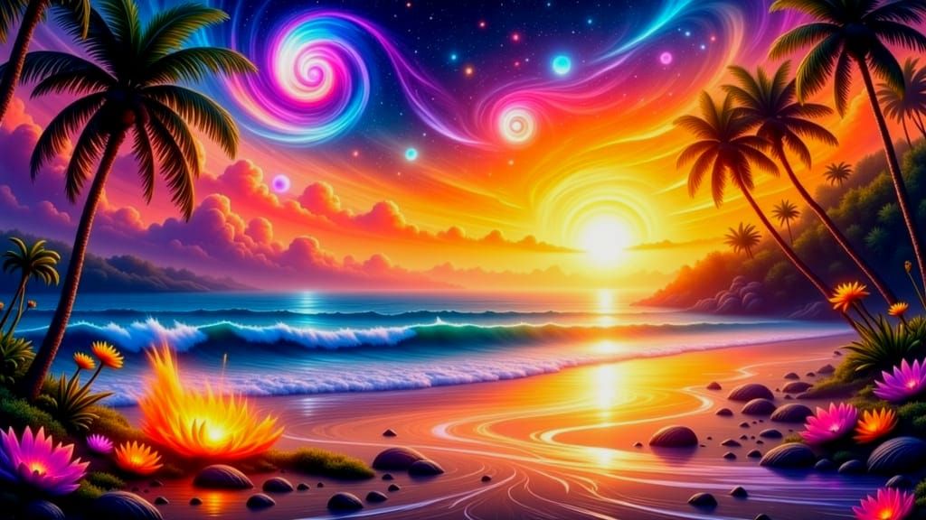 Psychedelic Summer Night Ocean Scene with Auroras