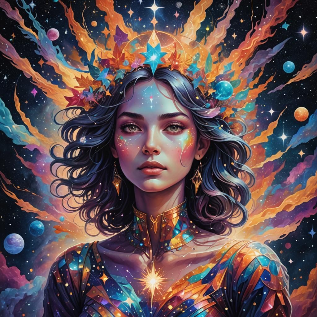 Starlight Woman Collecting Colors: Astral Illustration