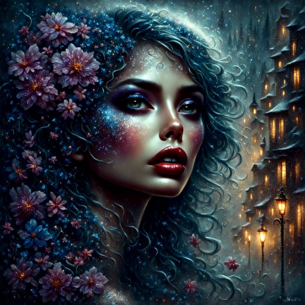 Starry Oil Portrait with Dreamy Waterfall