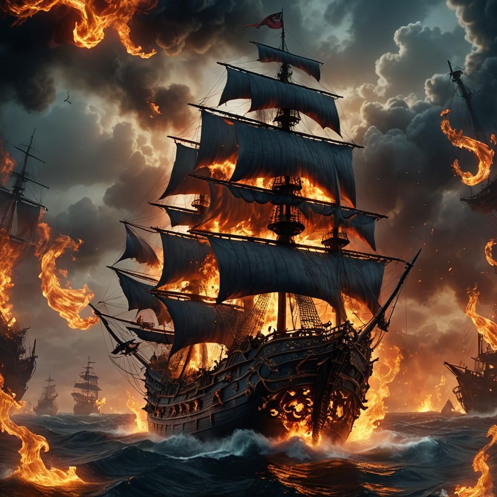 Ghostly Pirate Ship Ablaze on Dark Ocean
