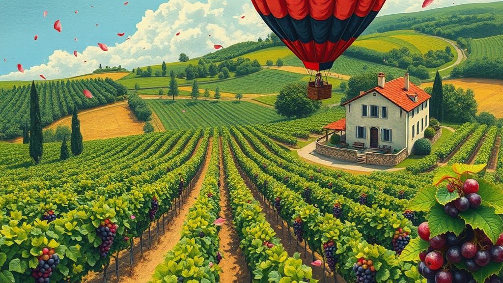 Vineyard Bird's-Eye View with Hot Air Balloon, Gouache Style