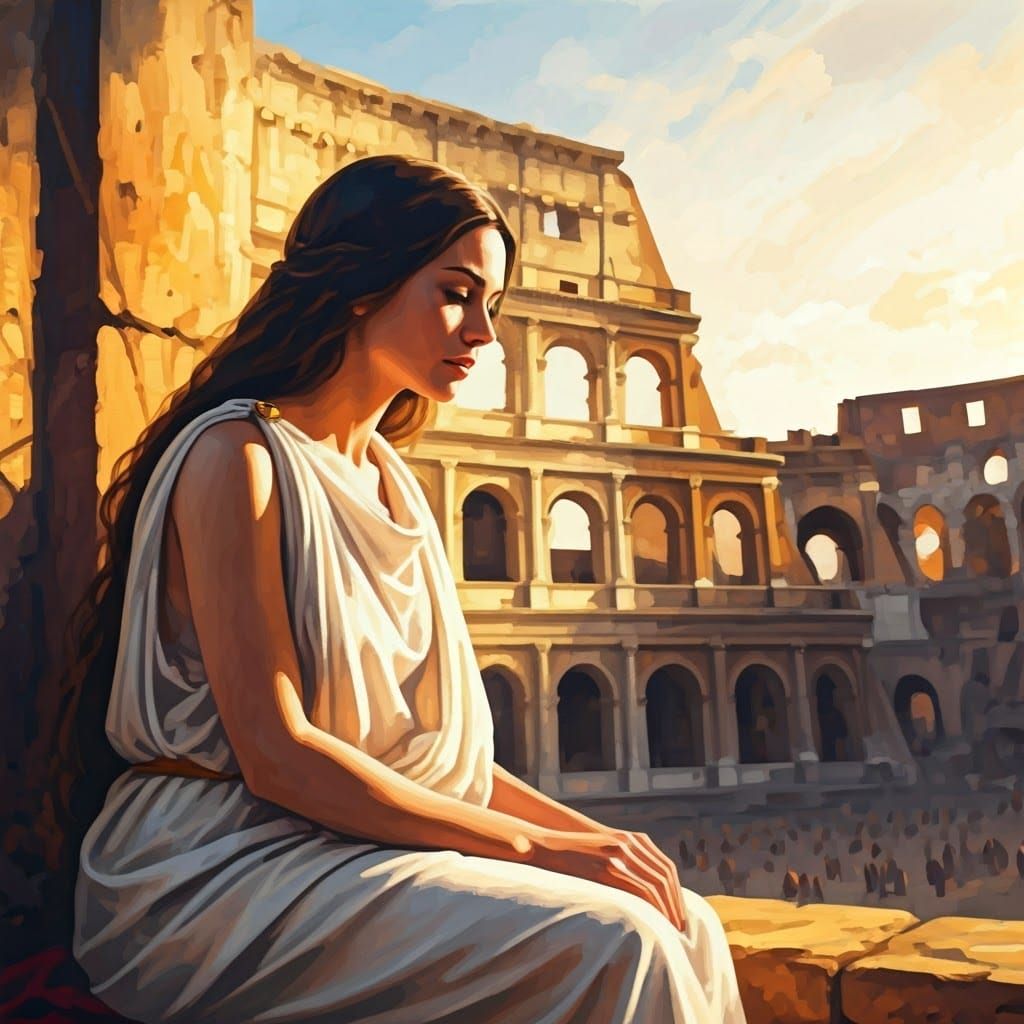 Woman in Serene Contemplation within Ancient Colosseum