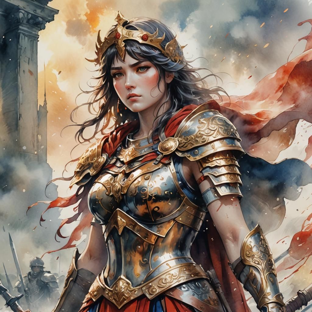 Bellona in Anime Style Watercolor Art