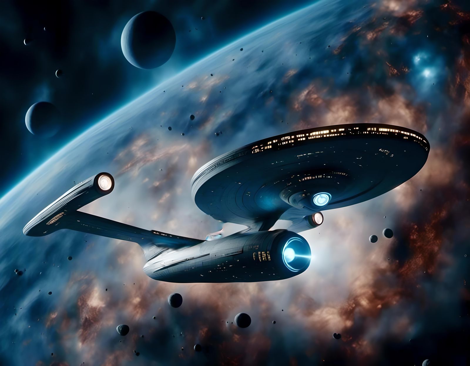 Starfleet Enterprise Soaring Through Nebula in Photorealisti...