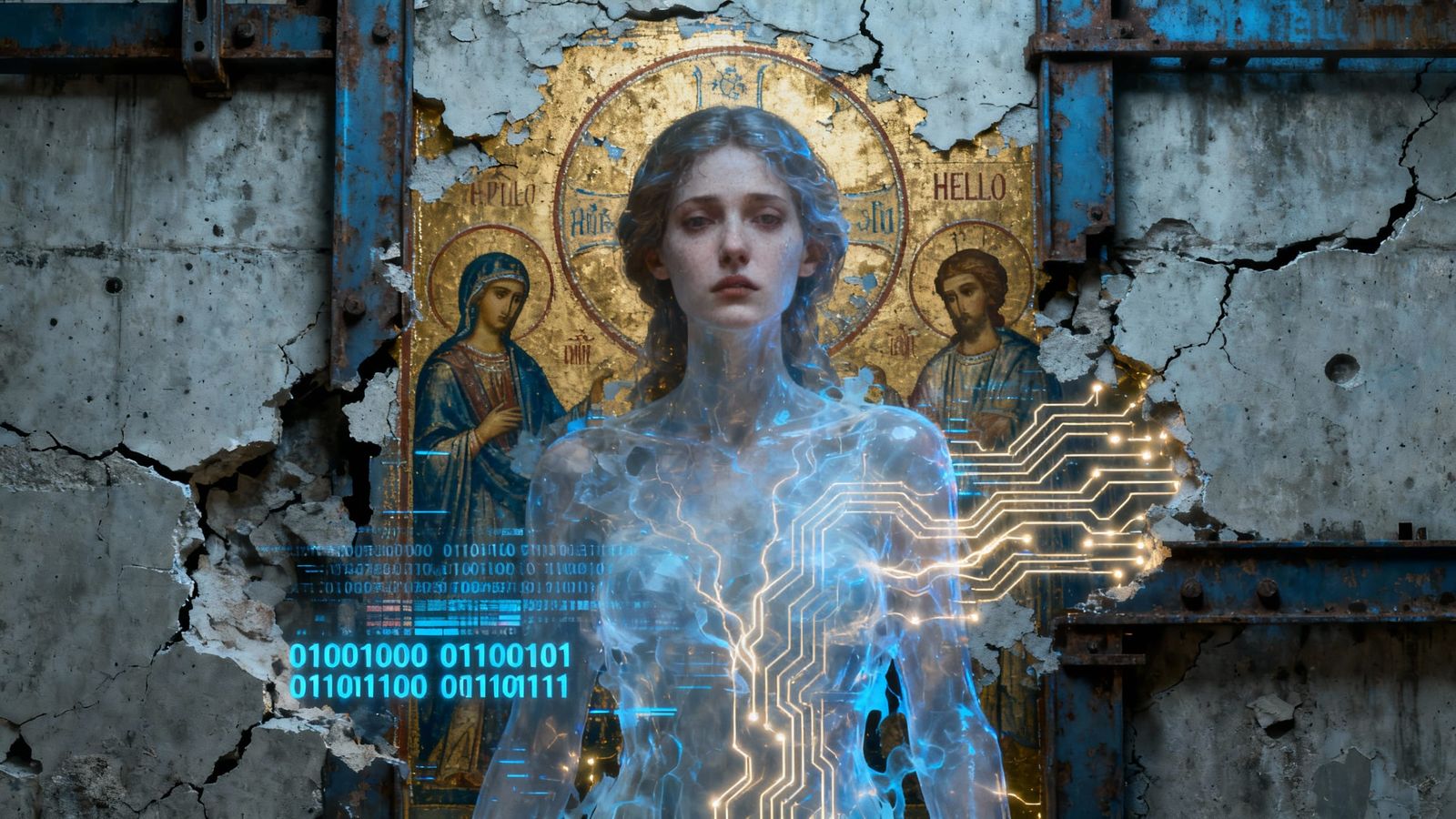 Melancholic Figure Dissolving into Industrial Byzantine Wall