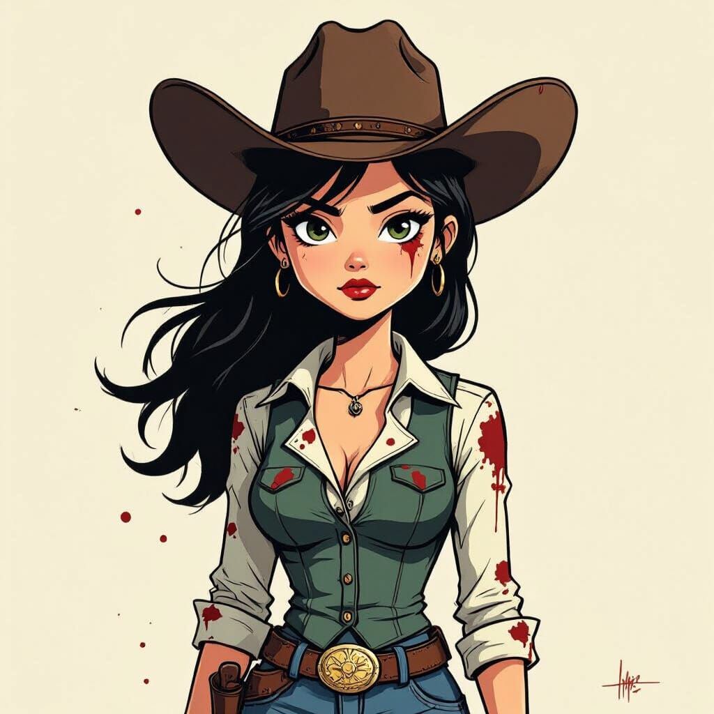 Creepy Cartoon Cowgirl with Stylized Blood Splatters