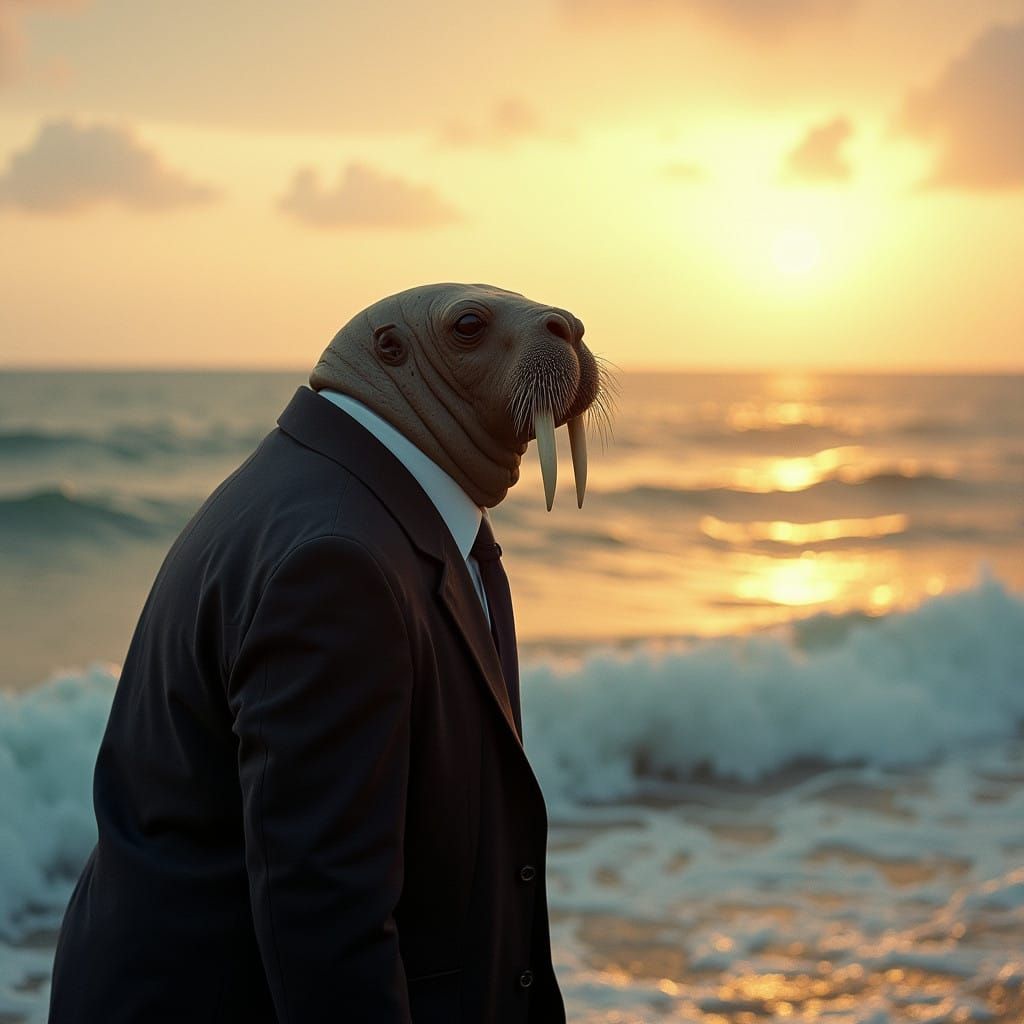 Walrus in Executive Suit Contemplates Majestic Ocean Waves