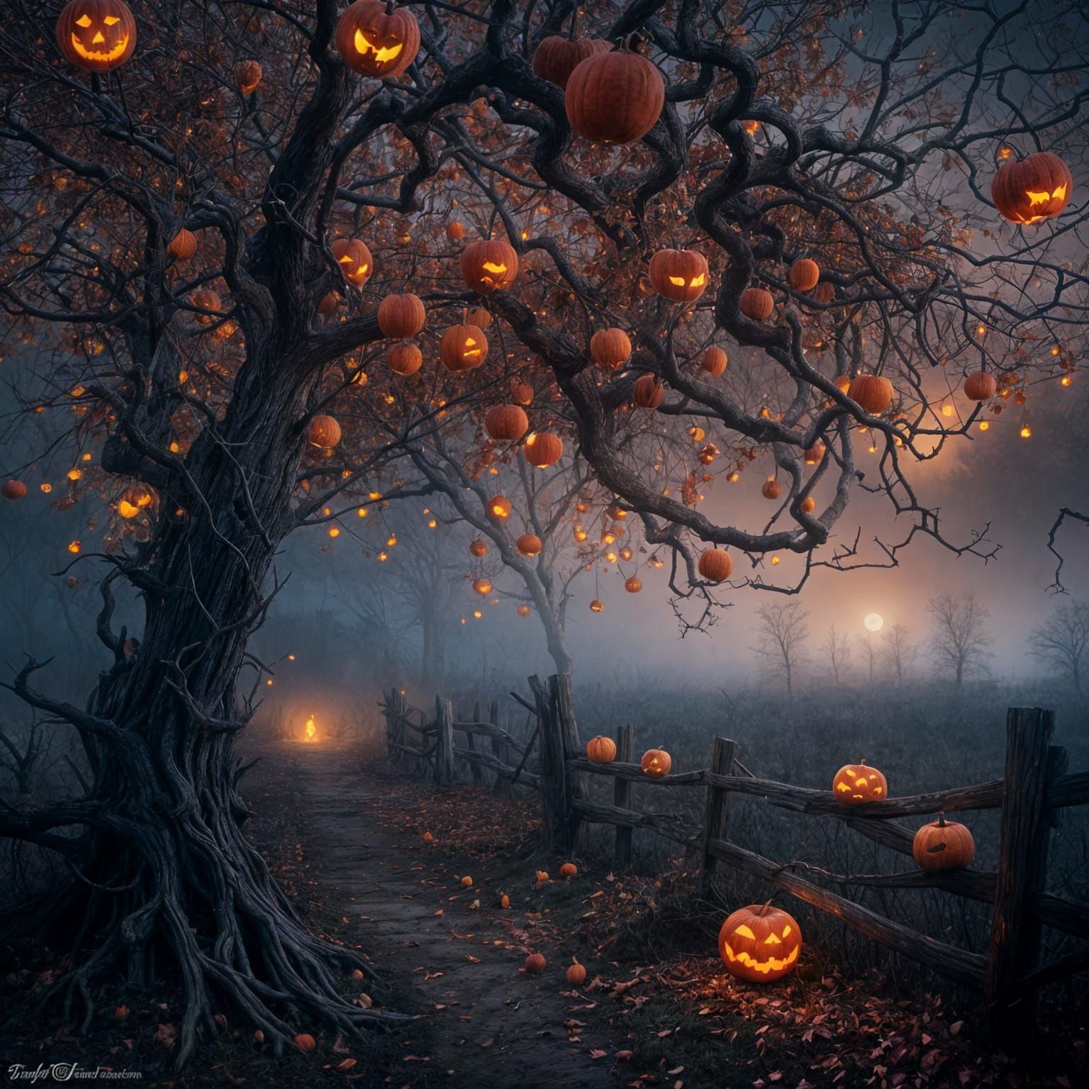 Surreal Apple Orchard with Magic and Owls