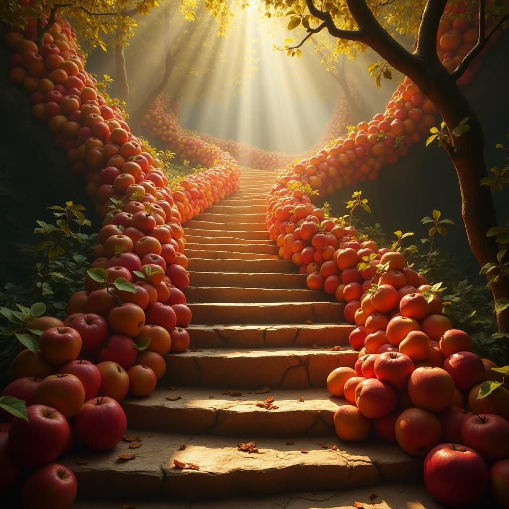 Whimsical Staircase of Glowing Apples and Pears in a Dreamli...