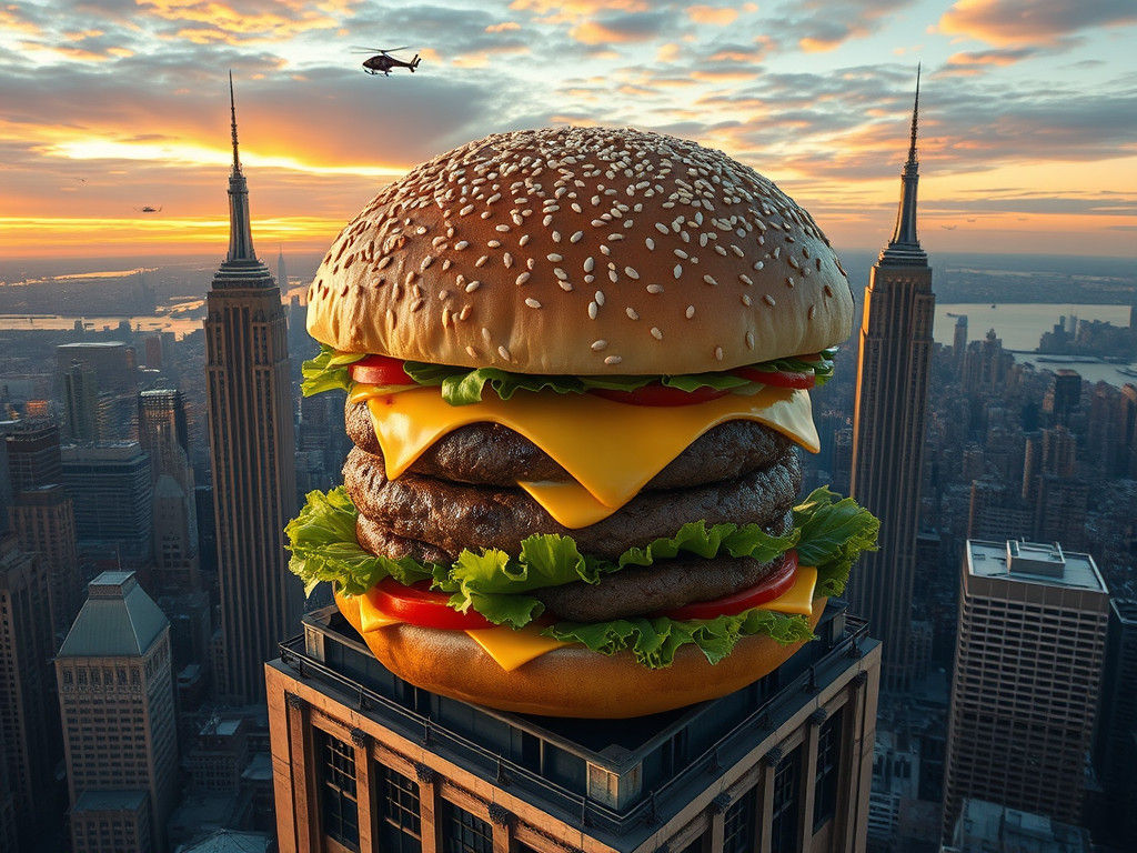 Giant Hamburger Atop Empire State Building: Hyperrealistic D...