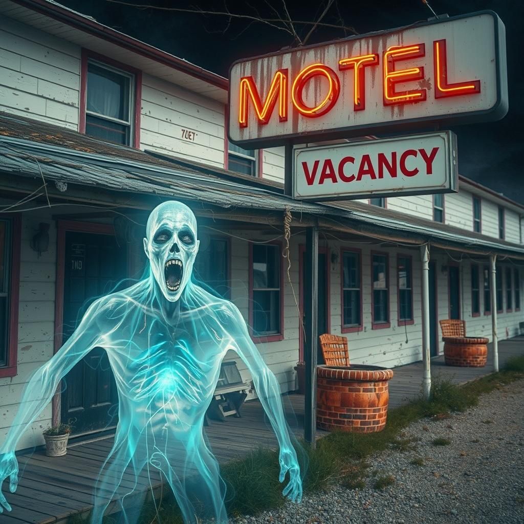 Deserted Motel with Ghostly Figure