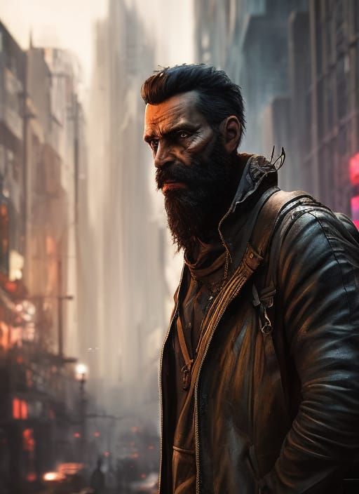 Homeless Man Portrait in Cyberpunk Style