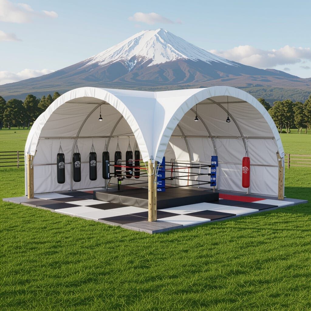 Arched Container Shelter with Boxing Ring and Mount Putuaki ...