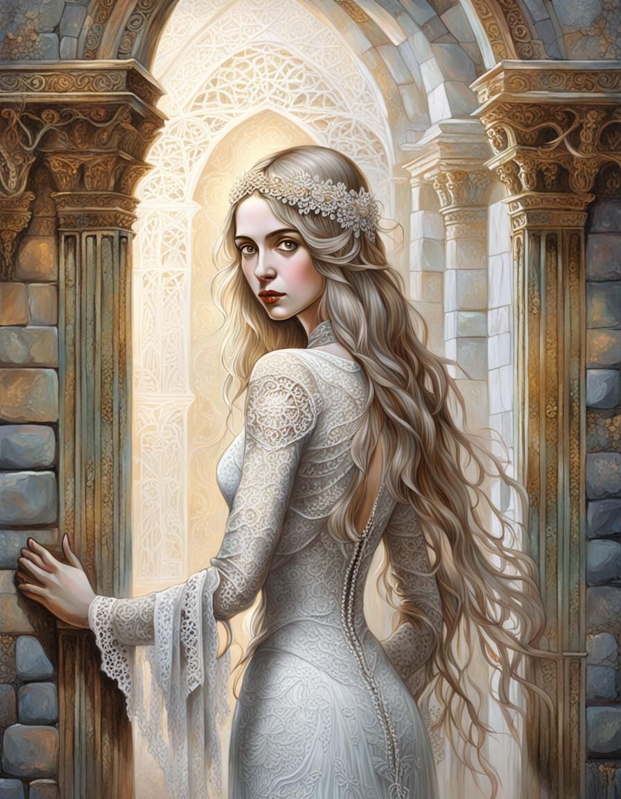 Gothic Lady in Stone Chamber: Oil Painting